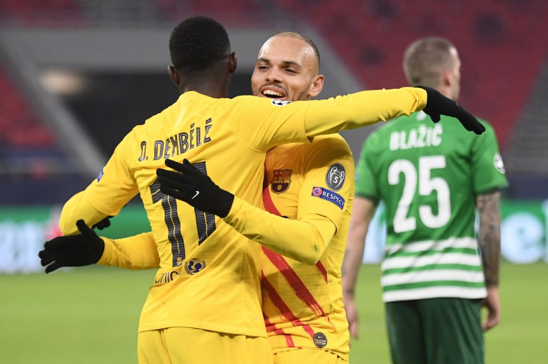 Braithwaite celebrando el gol junto a Dembél Braithwaite celebrando el gol junto a Dembél