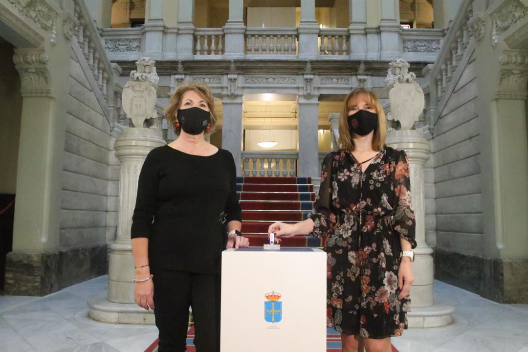 La consejera de Hacienda, Ana Cárcaba, entrega el proyecto de Presupuestos 2021 a la vicepresidenta de la Junta General, Celia Fernández. La consejera de Hacienda, Ana Cárcaba, entrega el proyecto de Presupuestos 2021 a la vicepresidenta de la Junta General, Celia Fernández.