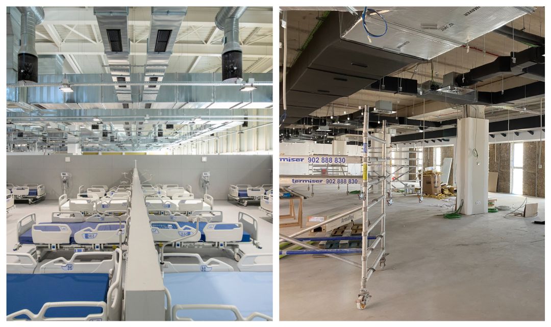 A la izquierda, los pabellones que ha mostrado la Comunidad y que ya están terminados (Getty Images), a la derecha una de las fotos que ha tomado la SER de las zonas del hospital aún en obras. A la izquierda, los pabellones que ha mostrado la Comunidad y que ya están terminados (Getty Images), a la derecha una de las fotos que ha tomado la SER de las zonas del hospital aún en obras.