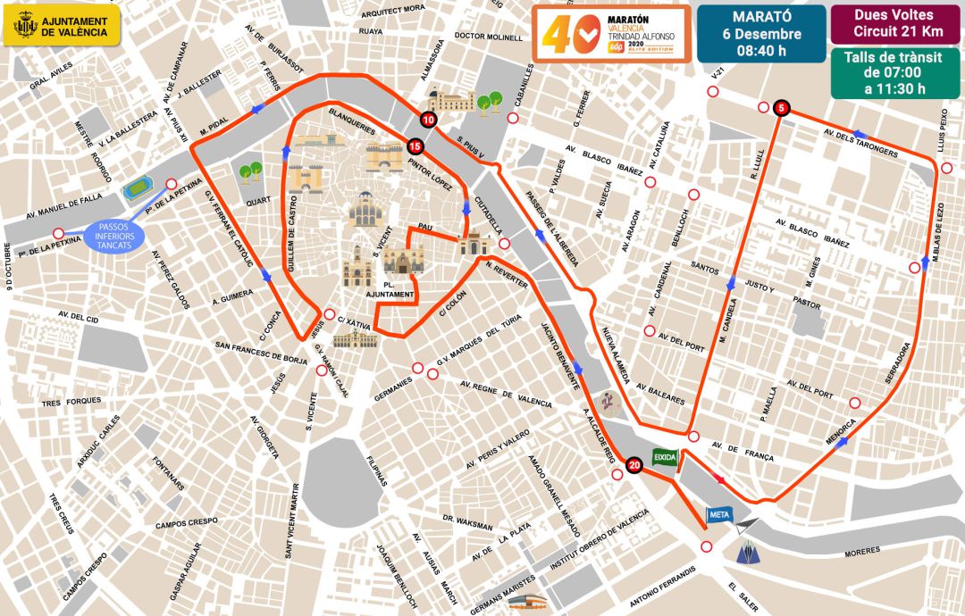 Recorrido de la Maratón València 2020 (que será el mismo que el de la media Maratón) de este domingo. Recorrido de la Maratón València 2020 (que será el mismo que el de la media Maratón) de este domingo.