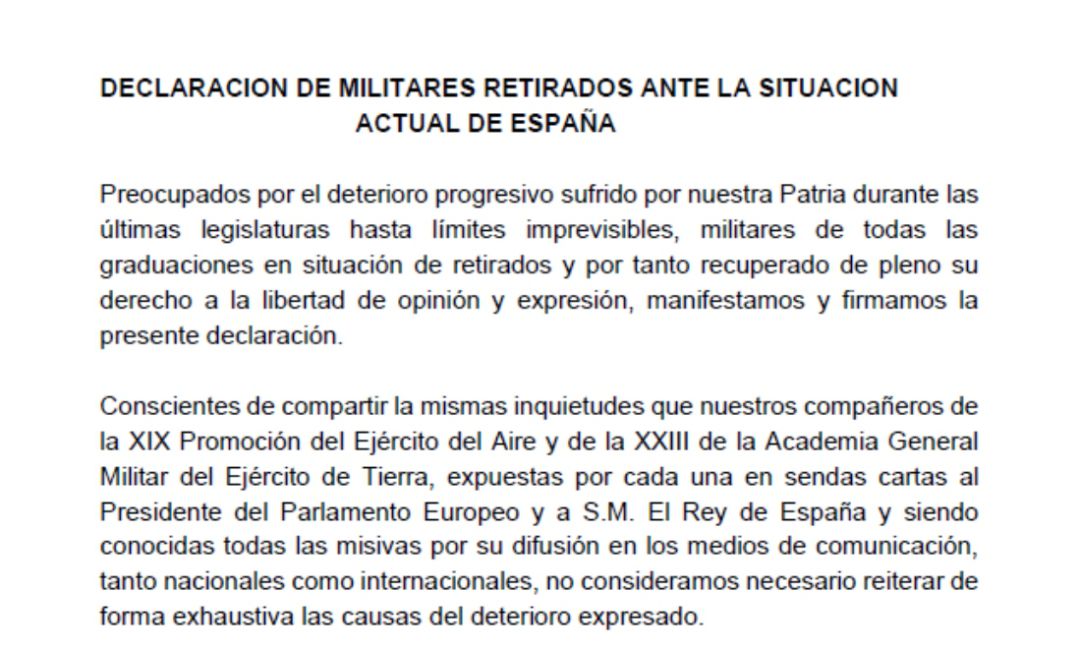 El manifiesto de exmilitares al que ha tenido acceso la SER El manifiesto de exmilitares al que ha tenido acceso la SER