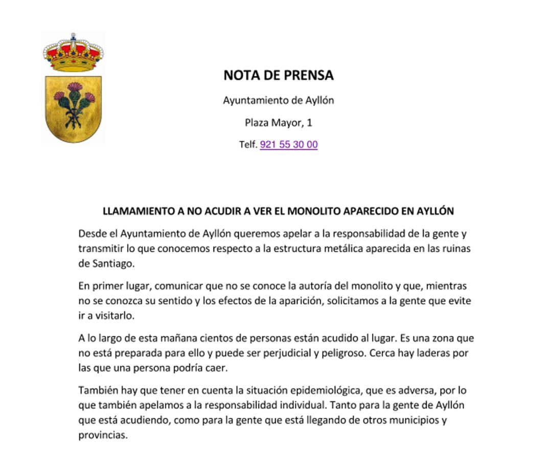Falso comunicado del ayuntamiento de Ayllón Falso comunicado del ayuntamiento de Ayllón
