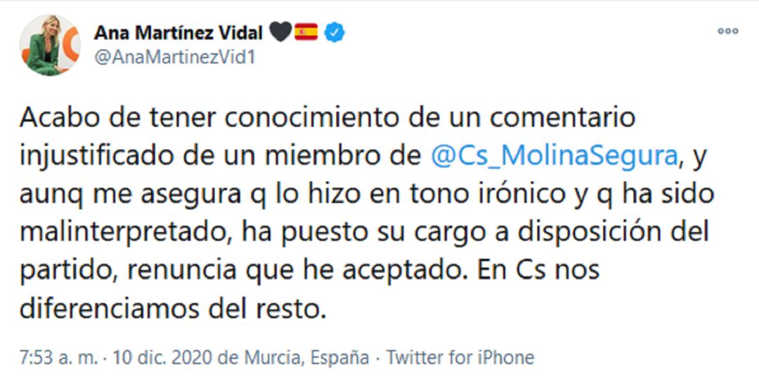 En twitter, la coordinadora autonómica de Cs, Ana Martínez Vidal, ha aceptado la renuncia de Eva García En twitter, la coordinadora autonómica de Cs, Ana Martínez Vidal, ha aceptado la renuncia de Eva García