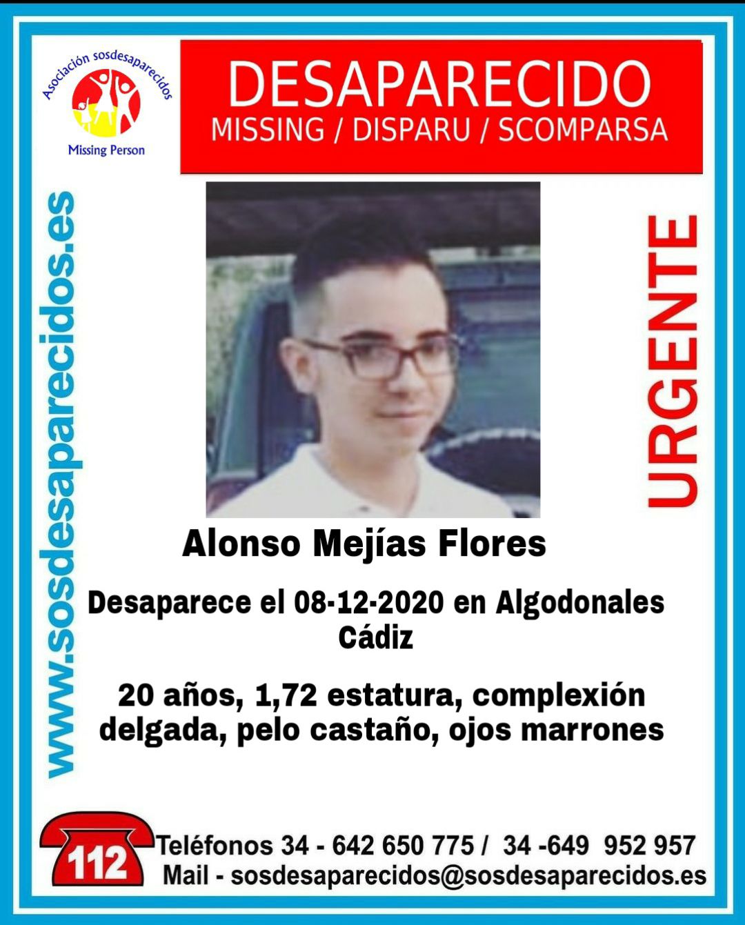 La plataforma SOS Desaparecidos ha iniciado una campaña de difusión de la desaparición de Alonso Mejías La plataforma SOS Desaparecidos ha iniciado una campaña de difusión de la desaparición de Alonso Mejías