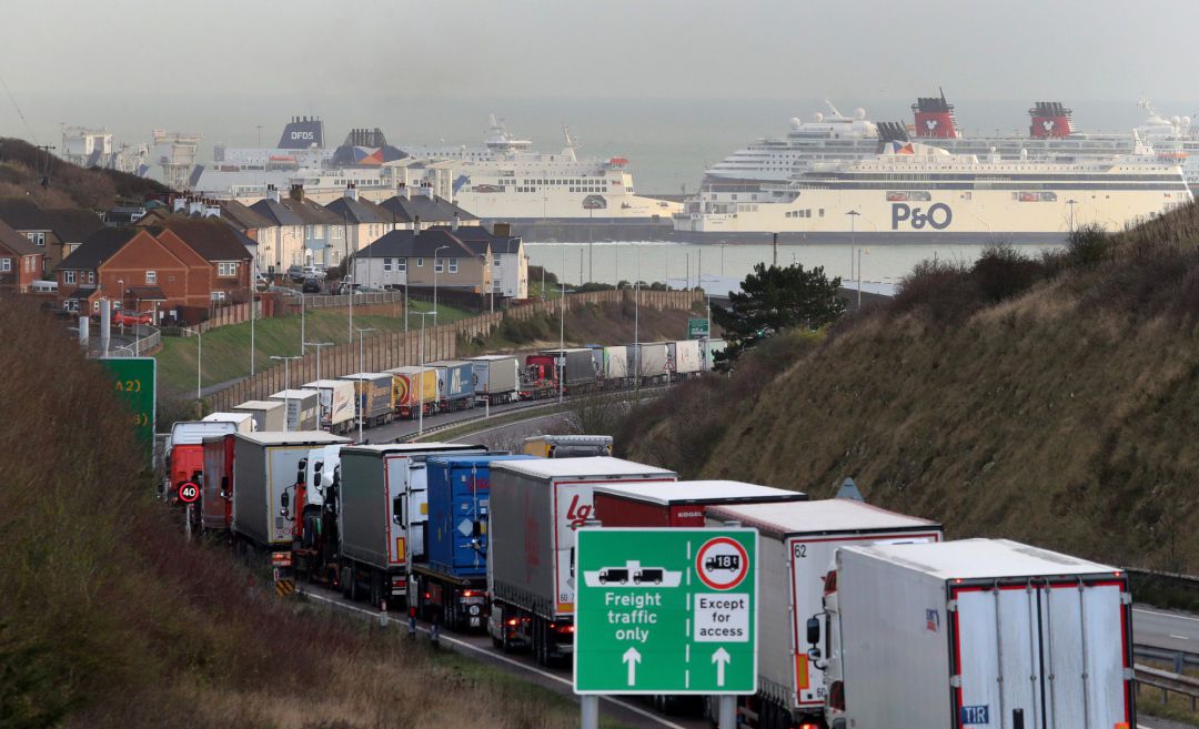 Lorries queue along the A20 in Kent for the Port of Dover Lorries queue along the A20 in Kent for the Port of Dover
