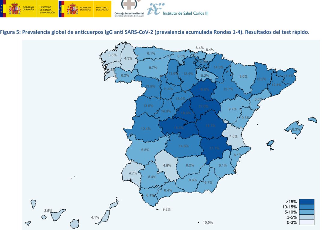 Mapa de prevalencia acumulada de los anticuerpos contra el coronavirus SARS-CoV-2 en España a 29 de noviembre Mapa de prevalencia acumulada de los anticuerpos contra el coronavirus SARS-CoV-2 en España a 29 de noviembre