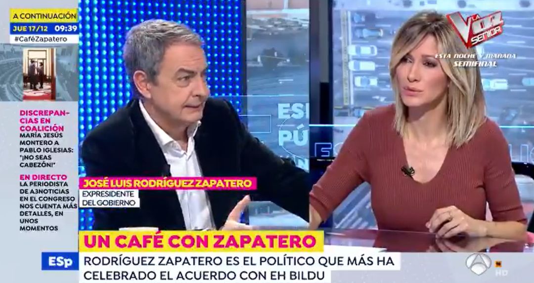 El expresidente del Gobierno, Rodríguez Zapatero, durante su entrevista en Antena 3 El expresidente del Gobierno, Rodríguez Zapatero, durante su entrevista en Antena 3