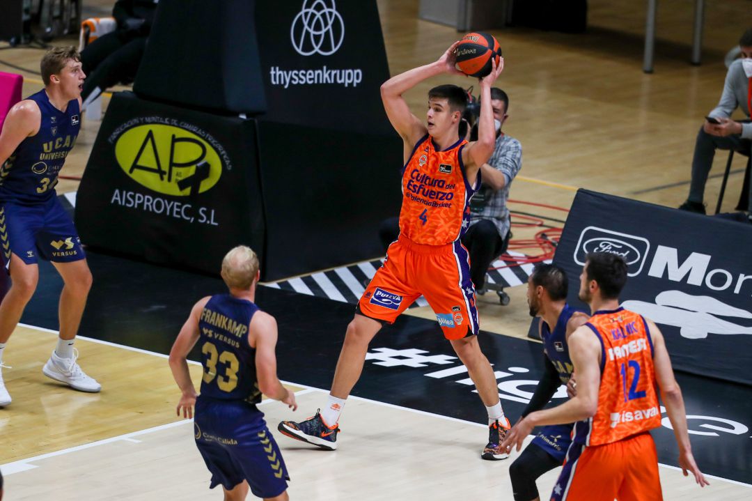 Jaime Pradilla of Valencia Basket in action during the spanish league ACB basketball match played between Valencia Basket vs UCAM Murcia at the Fuente de San Luiz pavilion, La Fonteta. On December, 20. 2020, Valencia, Spain. Jaime Pradilla of Valencia Basket in action during the spanish league ACB basketball match played between Valencia Basket vs UCAM Murcia at the Fuente de San Luiz pavilion, La Fonteta. On December, 20. 2020, Valencia, Spain.