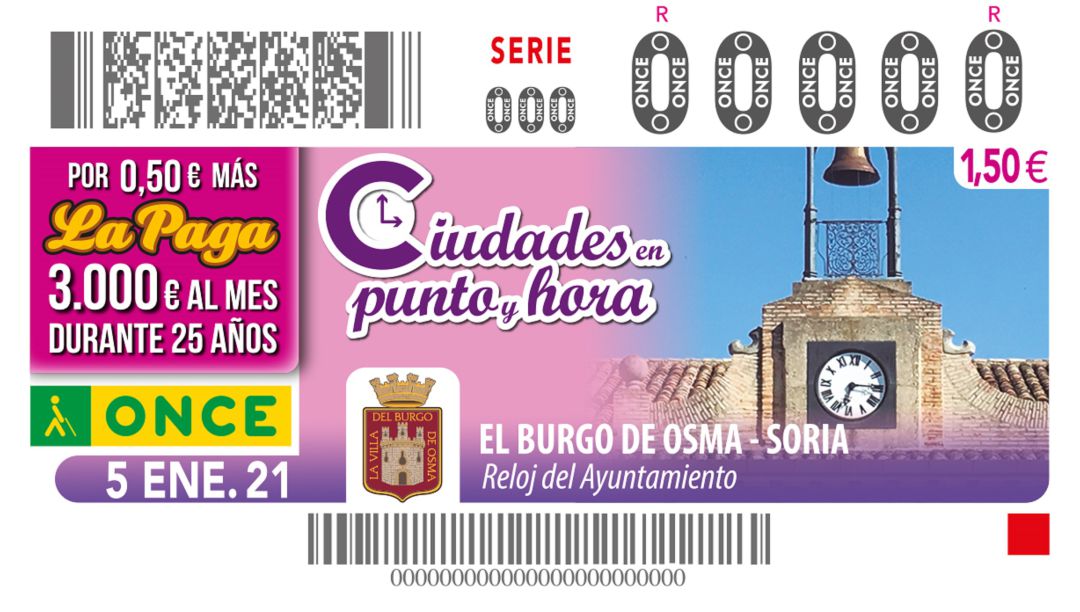 El Cupón de la Once del 5 de enero, con el reloj del Ayuntamiento de El Burgo de Osma. El Cupón de la Once del 5 de enero, con el reloj del Ayuntamiento de El Burgo de Osma.