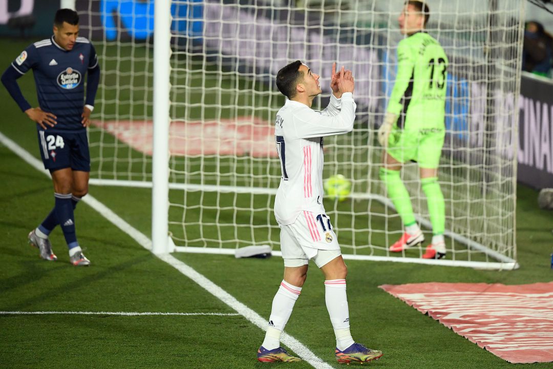 Lucas Vázquez celebra el primer gol del Real Madrid en 2021. Lucas Vázquez celebra el primer gol del Real Madrid en 2021.