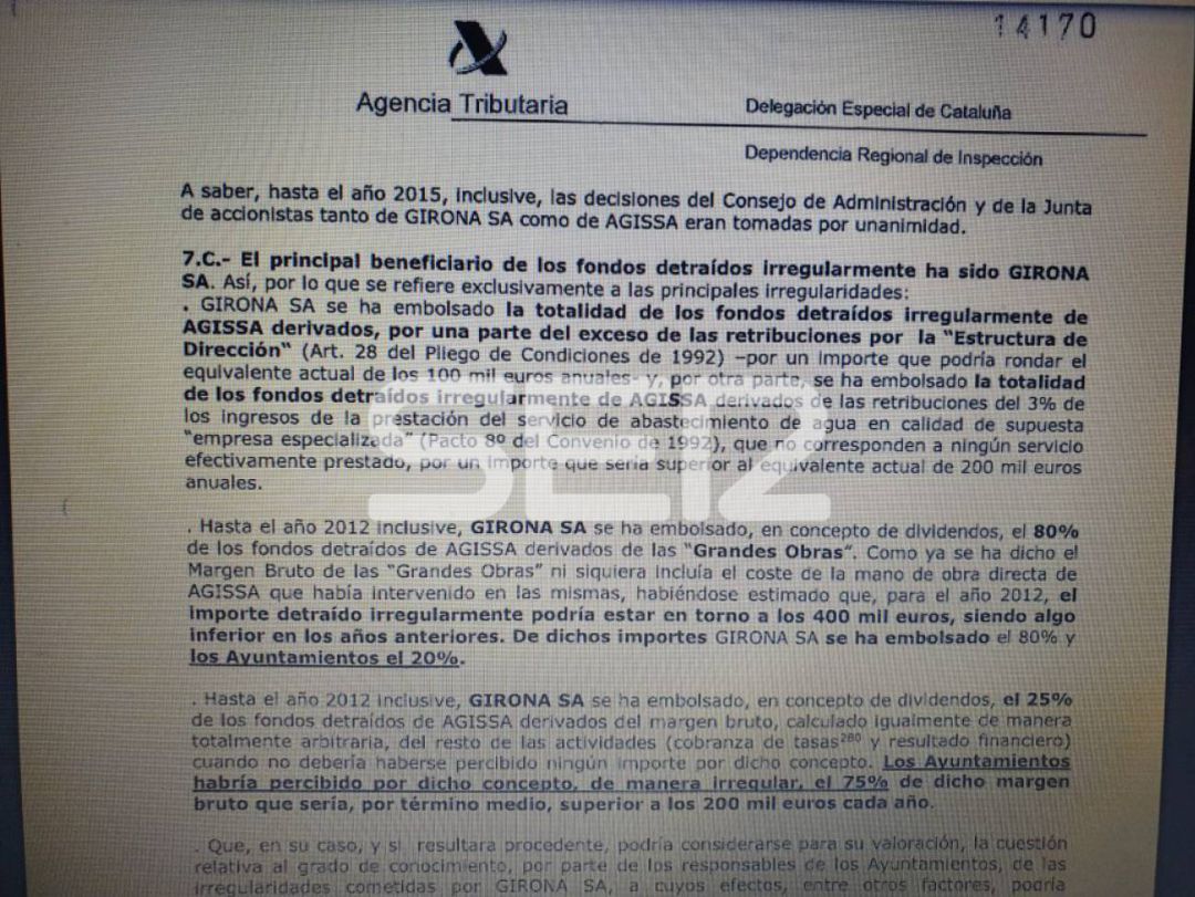 Uno de los documentos que constan en el sumario del caso Aguas de Girona que explica que los gerundenses han estado pagando durante más de 20 años más de 1 millón de euros de sobrecoste por el servicio de agua. Uno de los documentos que constan en el sumario del caso Aguas de Girona que explica que los gerundenses han estado pagando durante más de 20 años más de 1 millón de euros de sobrecoste por el servicio de agua.