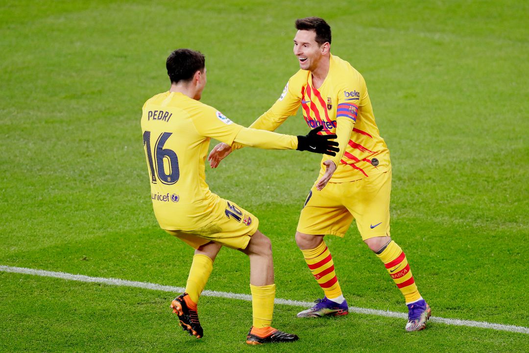 Messi y Pedri celebran el segundo gol de los azulgranas. Messi y Pedri celebran el segundo gol de los azulgranas.
