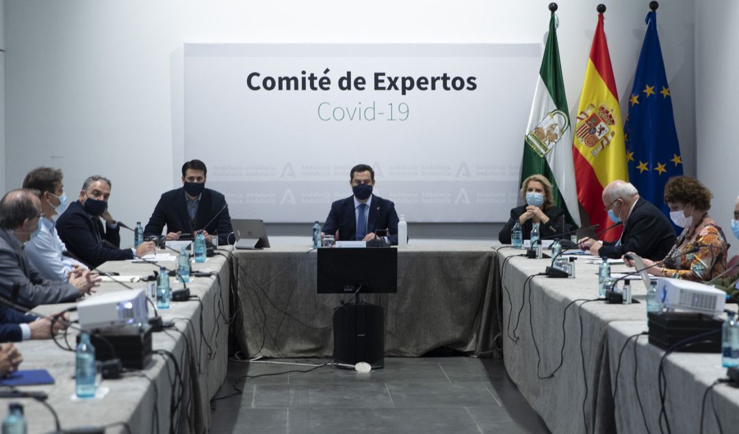 El presidente de la Junta, Juanma Moreno, durante la reunión del Comité de Expertos. El presidente de la Junta, Juanma Moreno, durante la reunión del Comité de Expertos.