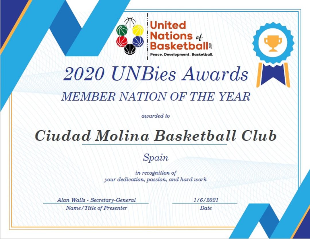 Certificado que acredita a Molina Basket como club del año por las Naciones Unidas del Baloncesto Certificado que acredita a Molina Basket como club del año por las Naciones Unidas del Baloncesto