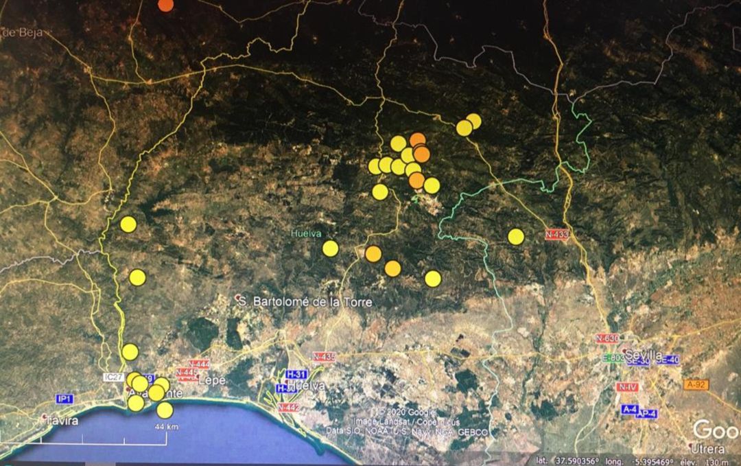 Imagen de la actividad sísmica en Huelva durante 2020. Imagen de la actividad sísmica en Huelva durante 2020.