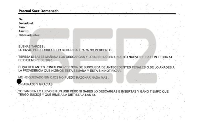 Correo electrónico de la juez Olga Reverte a la funcionaria del juzgado Correo electrónico de la juez Olga Reverte a la funcionaria del juzgado
