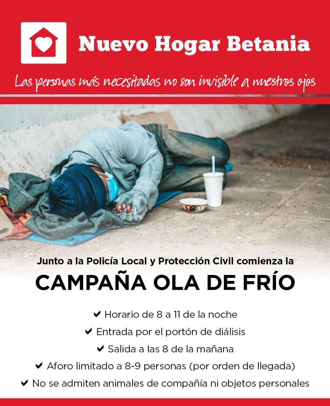 Cartel de la campaña "Ola de frío" de Nuevo Hogar Betania. Cartel de la campaña "Ola de frío" de Nuevo Hogar Betania.