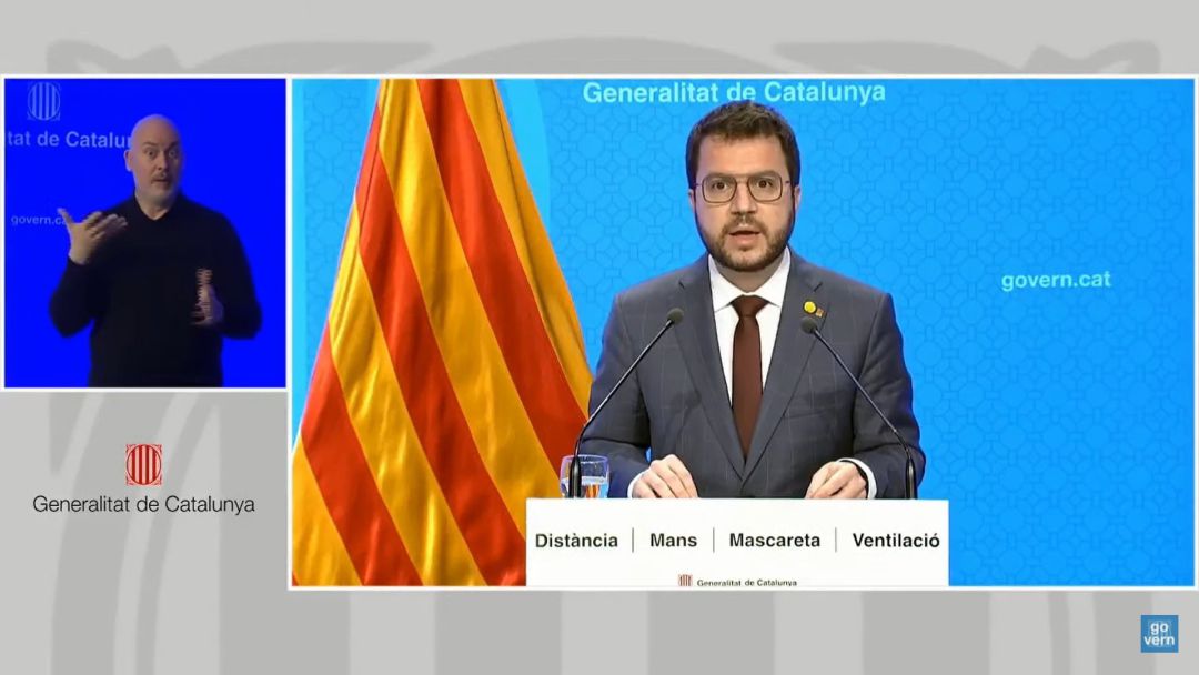 El vicepresidente de la Generalitat, Pere Aragonès, en una declaración institucional telemática tras posponer las elecciones catalanas hasta el 30 de mayo. El vicepresidente de la Generalitat, Pere Aragonès, en una declaración institucional telemática tras posponer las elecciones catalanas hasta el 30 de mayo.