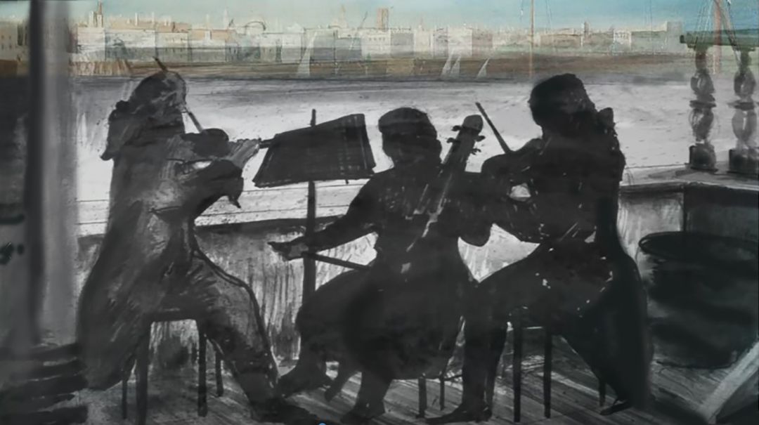Concierto a bordo del pontón Castilla con Cádiz al fondo. Montaje fotográfico de Juan Jurado. Dibujo de Adolfo Valderas Concierto a bordo del pontón Castilla con Cádiz al fondo. Montaje fotográfico de Juan Jurado. Dibujo de Adolfo Valderas