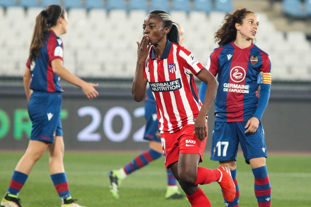Ajara Nchout Njoya of Atletico de Madrid celebrates a goal during the Supercopa de Espana Femenina, Final match, played between Levante UD and Atletico de Madrid at Municipal de Los Juegos Mediterraneos stadium on January 16, 2021 in Almeria, Spain. Ajara Nchout Njoya of Atletico de Madrid celebrates a goal during the Supercopa de Espana Femenina, Final match, played between Levante UD and Atletico de Madrid at Municipal de Los Juegos Mediterraneos stadium on January 16, 2021 in Almeria, Spain.
