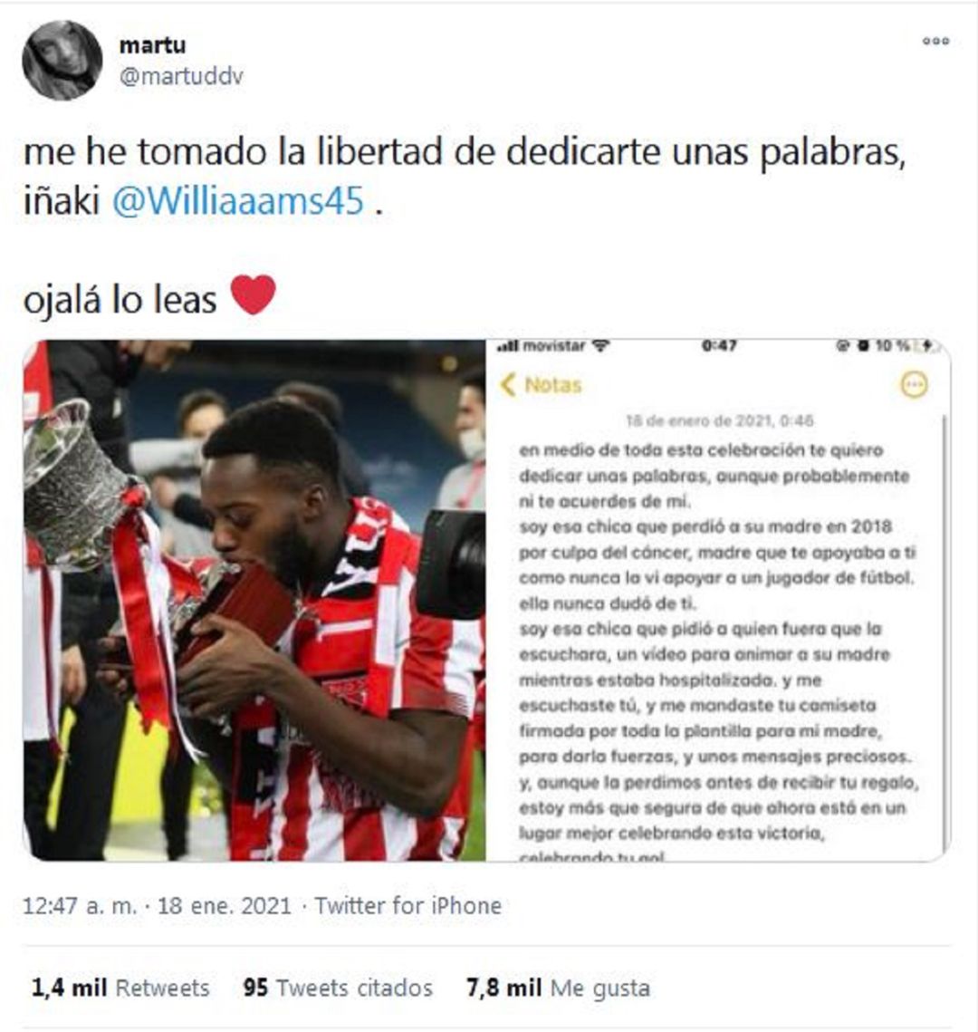 El tuit de Marta, la seguidora del Athletic que ha mandado un emotivo mensaje a Williams El tuit de Marta, la seguidora del Athletic que ha mandado un emotivo mensaje a Williams
