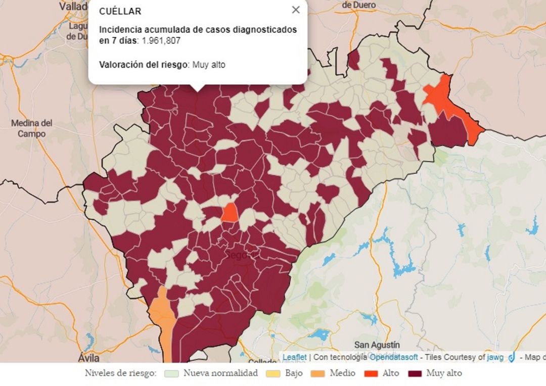 Mapa de incidencia acumulada en 7 días en la provincia de Segovia Mapa de incidencia acumulada en 7 días en la provincia de Segovia