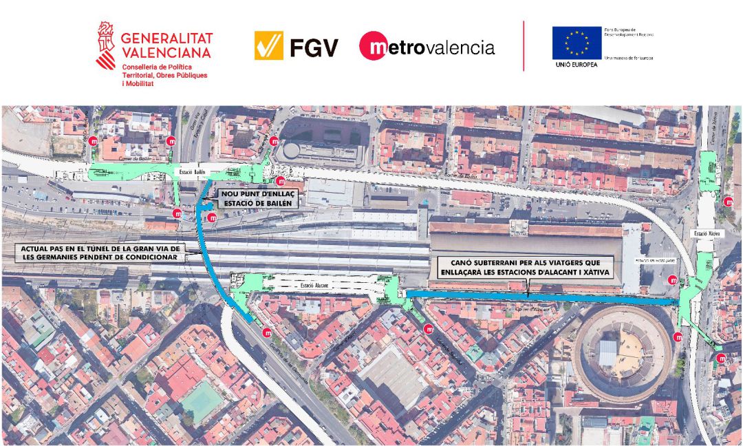 La Generalitat conectará peatonalmente la futura estación de Alacant con las de Xàtiva y Bailén para integrar la Línea 10 en la red de Metrovalencia La Generalitat conectará peatonalmente la futura estación de Alacant con las de Xàtiva y Bailén para integrar la Línea 10 en la red de Metrovalencia