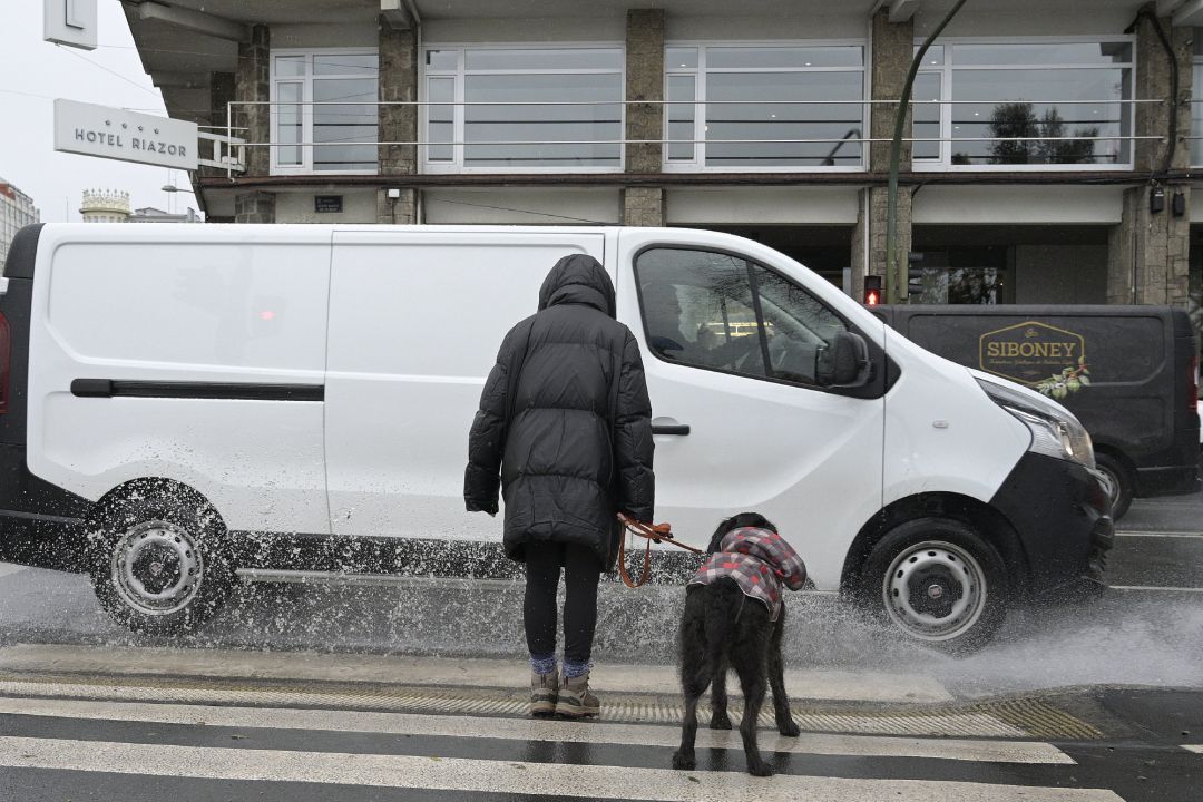 Una mujer espera con su perro antes de cruzar por un paso de cebra Una mujer espera con su perro antes de cruzar por un paso de cebra