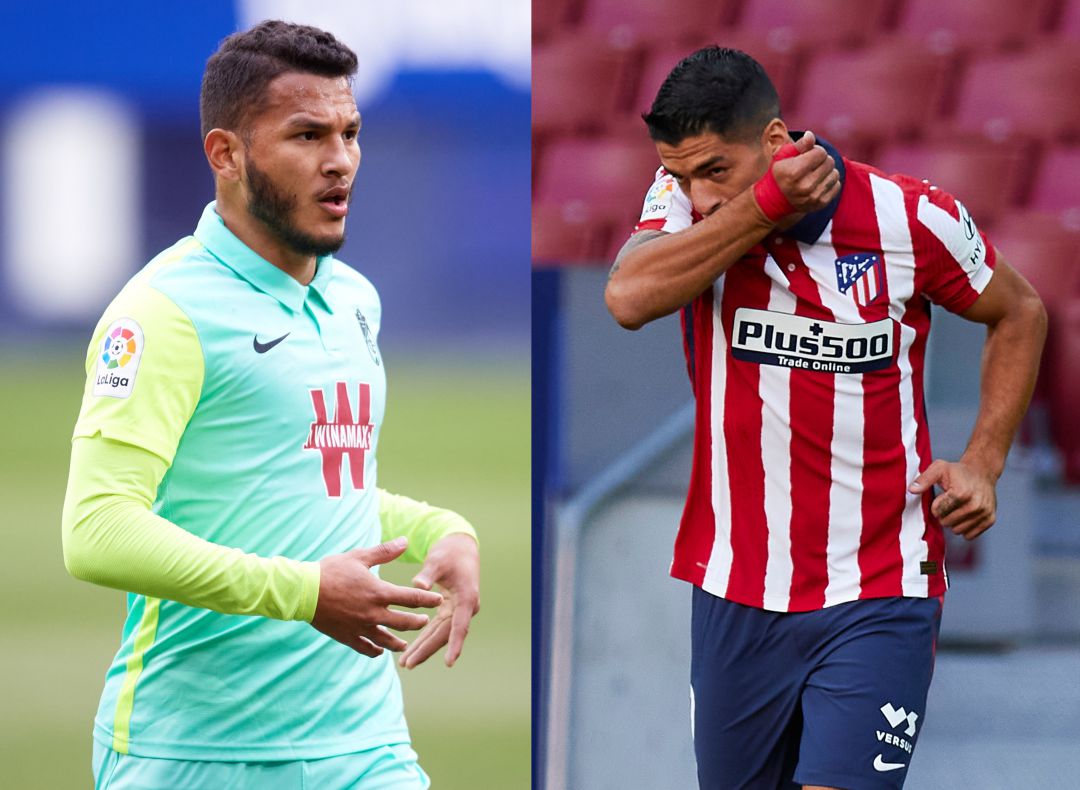 Luis Suárez, jugador del Granada, a la izquierda y a la derecha el jugador del Atlético de Madrid Luis Suárez, jugador del Granada, a la izquierda y a la derecha el jugador del Atlético de Madrid