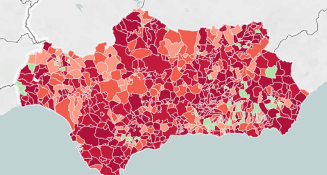 Mapa de tasa de los municipios. Fuente: Portal IECA Junta de Andalucía. Mapa de tasa de los municipios. Fuente: Portal IECA Junta de Andalucía.