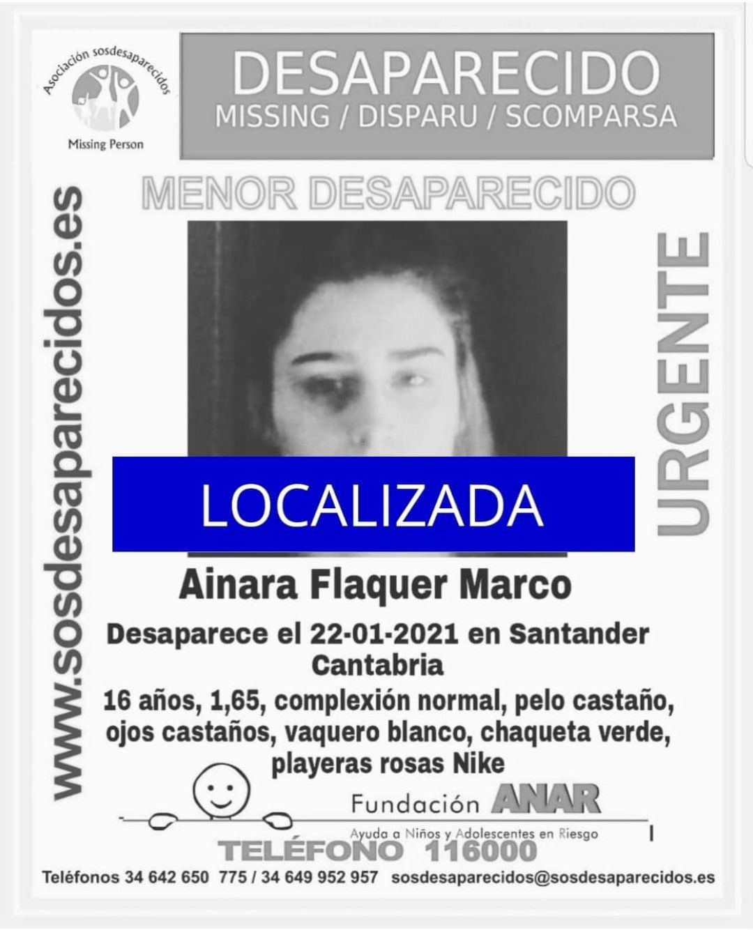 Mensaje de SOS desapecidos informando de que la menos ha sido localizada. Mensaje de SOS desapecidos informando de que la menos ha sido localizada.
