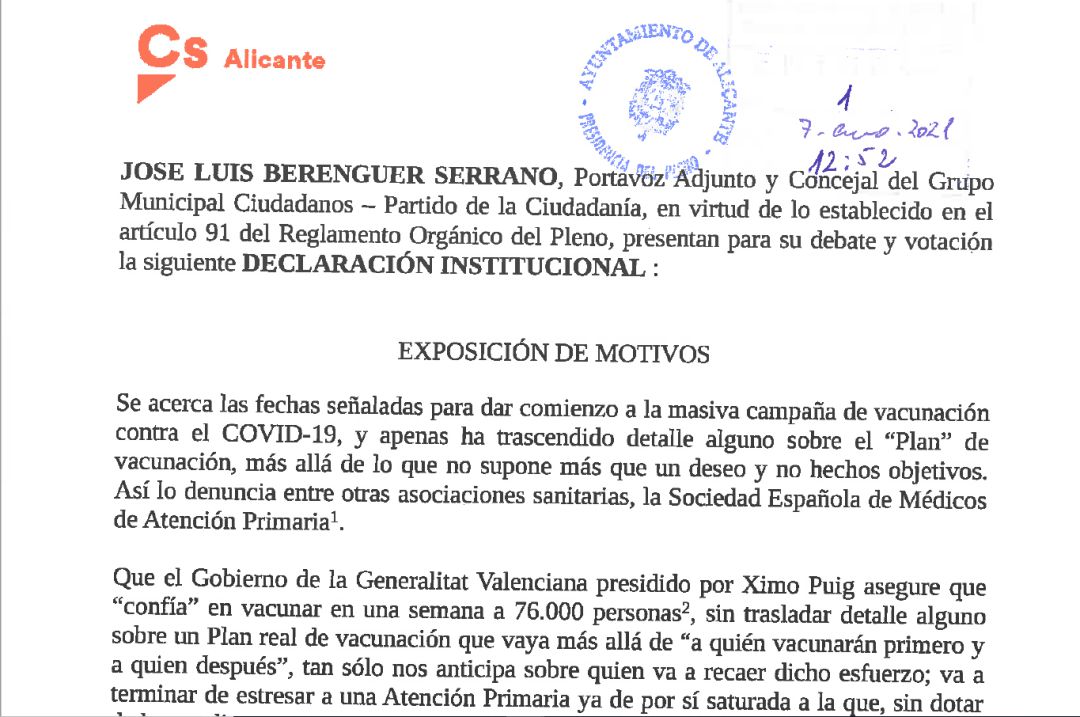 Captura de un fragmento de la exposición de motivos de la DI presentada por el Grupo Municipal Ciudadanos para el pleno ordinario de enero. Captura de un fragmento de la exposición de motivos de la DI presentada por el Grupo Municipal Ciudadanos para el pleno ordinario de enero.