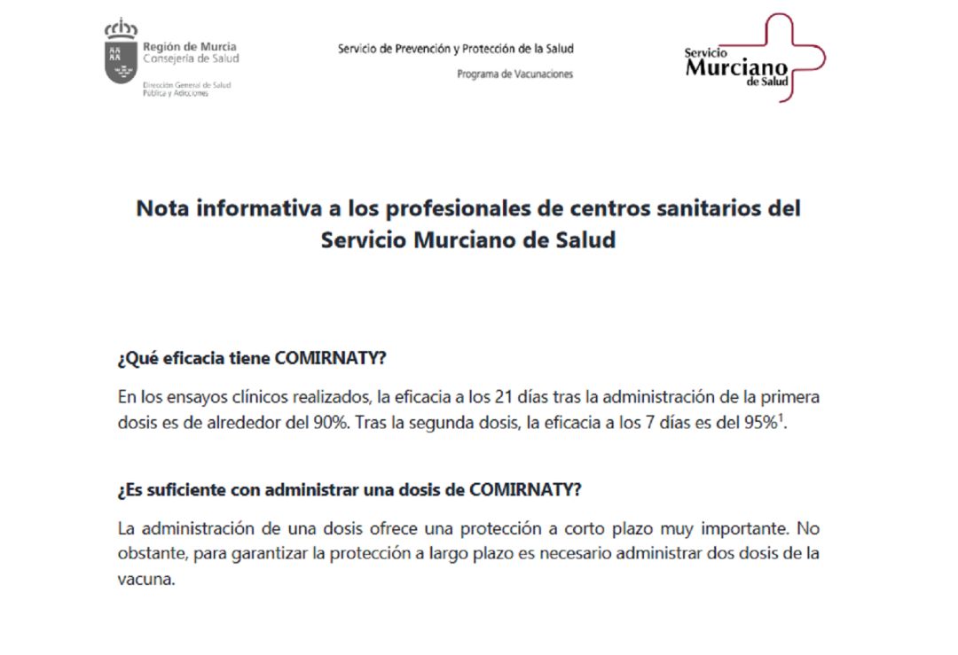 Fragmento de la nota informativa del Servicio murciano de Salud Fragmento de la nota informativa del Servicio murciano de Salud