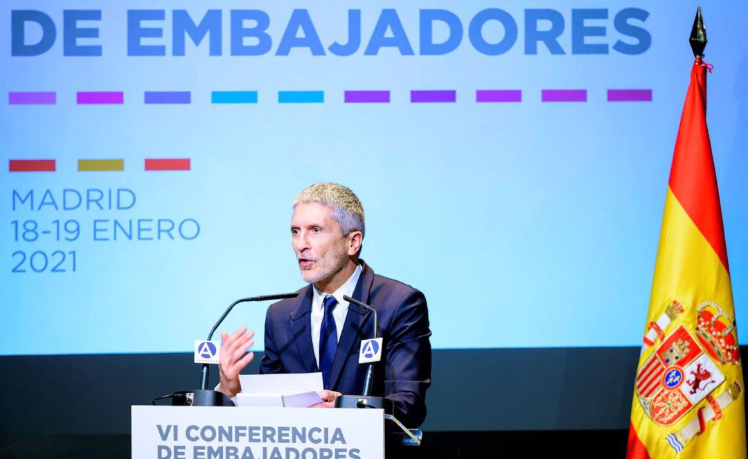 El ministro del Interior, Fernando Grande-Marlaska, durante la VI edición de la Conferencia de Embajadores celebrada este martes en Madrid. El ministro del Interior, Fernando Grande-Marlaska, durante la VI edición de la Conferencia de Embajadores celebrada este martes en Madrid.