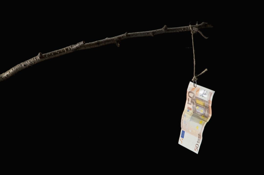 Caña de pescar casera con un cebo de 50 euros Caña de pescar casera con un cebo de 50 euros