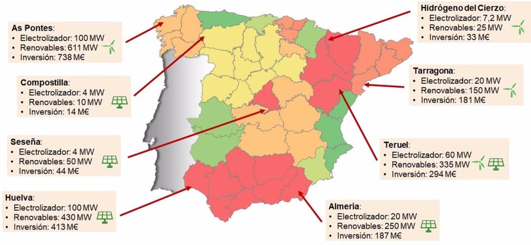 Mapa de los proyectos de hidrógeno verde en España de Endesa Mapa de los proyectos de hidrógeno verde en España de Endesa