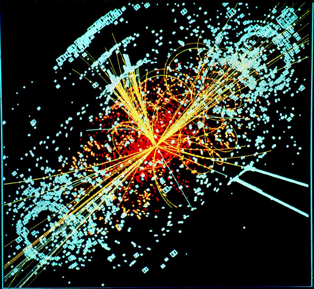 Simulación de una colisión en el Gran Colisionador de Hadrones, produciendo el bosón de Higgs Simulación de una colisión en el Gran Colisionador de Hadrones, produciendo el bosón de Higgs