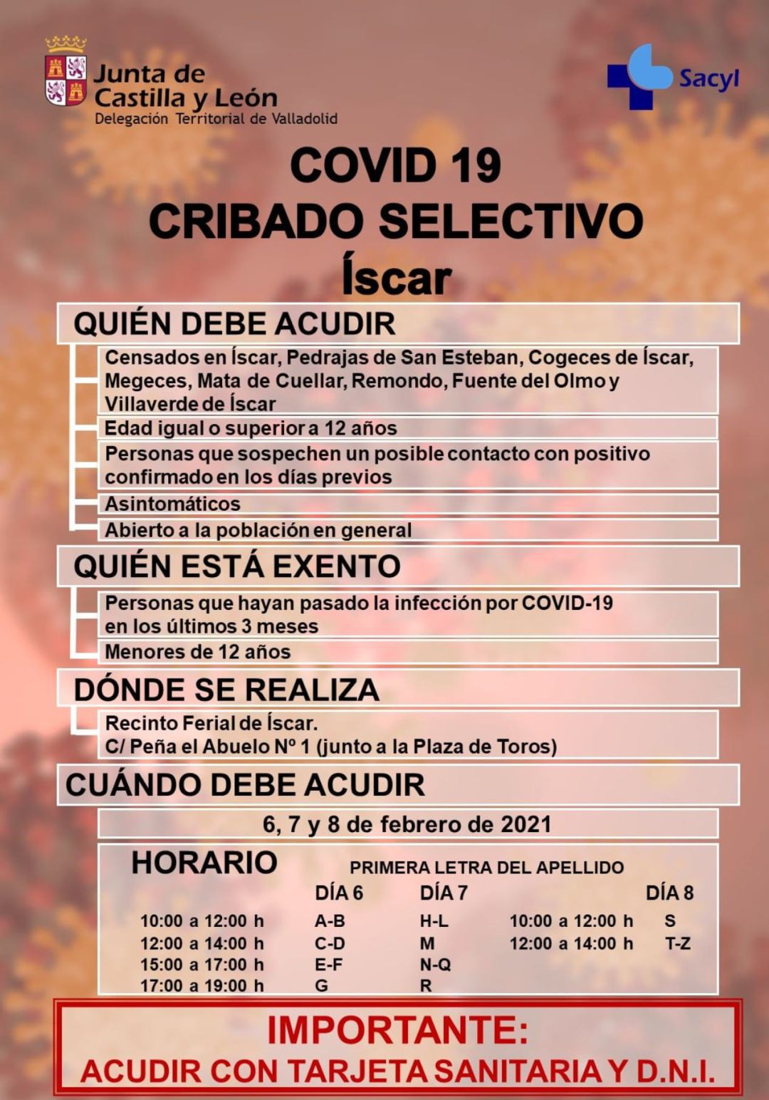 Convocatoria a participar en el cribado de Iscar (Valladolid) y que afecta a cuatro municipios segovianos Convocatoria a participar en el cribado de Iscar (Valladolid) y que afecta a cuatro municipios segovianos