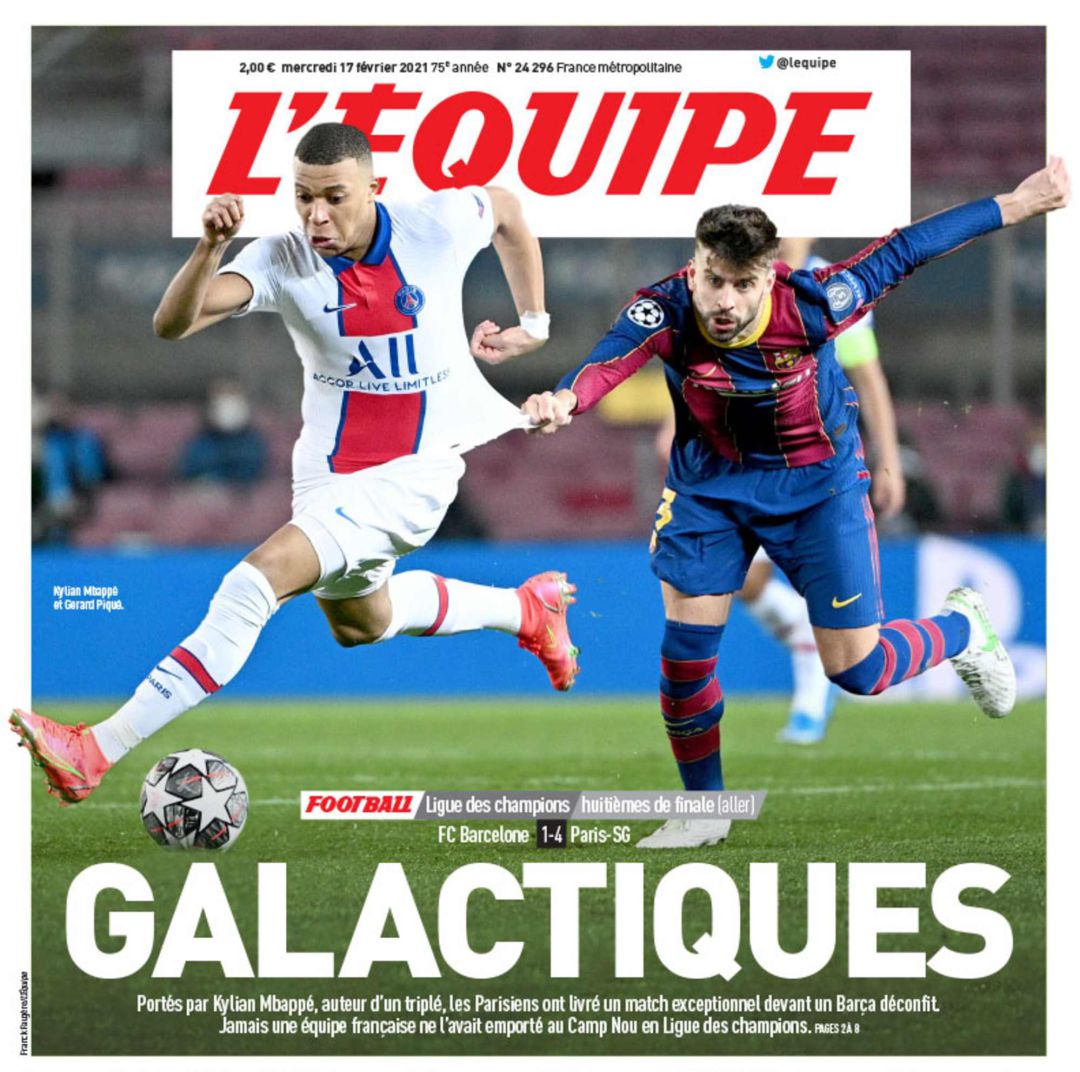 La portada de 'L'Equipe' tras la victoria del PSG en el Camp Nou. La portada de 'L'Equipe' tras la victoria del PSG en el Camp Nou.