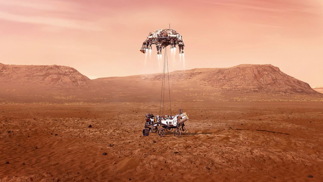Recreación virtual del aterrizaje del rover Perseverance de la misión Mars 2020 Recreación virtual del aterrizaje del rover Perseverance de la misión Mars 2020