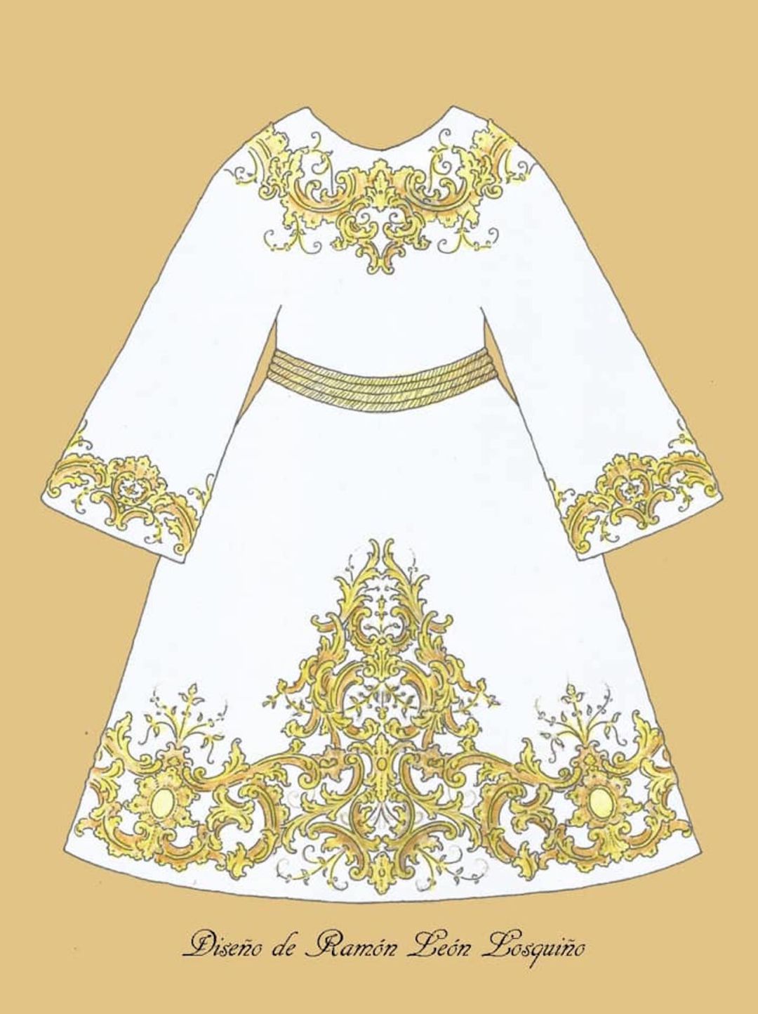 La túnica será ejecutada por el bordador baezano Manuel Lozano Pozo, con diseño del orfebre hispalense Ramón León Losquiño, en tisú de plata en blanco con bordado a realce en oro fino La túnica será ejecutada por el bordador baezano Manuel Lozano Pozo, con diseño del orfebre hispalense Ramón León Losquiño, en tisú de plata en blanco con bordado a realce en oro fino