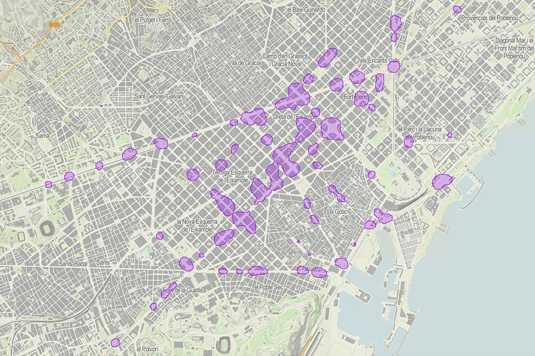 Mapa de les zones de Barcelona amb major concentració d'accidents de bicicleta en els darrers deu anys Mapa de les zones de Barcelona amb major concentració d'accidents de bicicleta en els darrers deu anys
