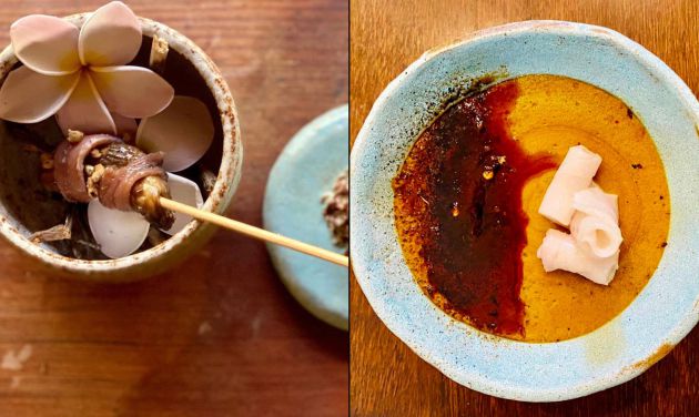Dos de los platos de El Sargo Carbón: dedo de manilla de plátano rojo encurtido en vinagre y flores, envuelto en anchoa de salazón casera (i) y 'crème brulée' de plátano rojo fermentado, azúcar de puta la madre y lubina macerada. Dos de los platos de El Sargo Carbón: dedo de manilla de plátano rojo encurtido en vinagre y flores, envuelto en anchoa de salazón casera (i) y 'crème brulée' de plátano rojo fermentado, azúcar de puta la madre y lubina macerada.