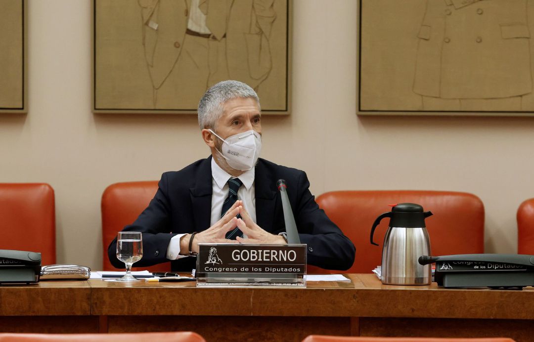 El ministro del Interior,, Fernando Grande-Marlaska, durante su comparecencia este viernes en el Congreso a petición propia para explicar las actuaciones de su departamento durante el temporal Filomena. El ministro del Interior,, Fernando Grande-Marlaska, durante su comparecencia este viernes en el Congreso a petición propia para explicar las actuaciones de su departamento durante el temporal Filomena.
