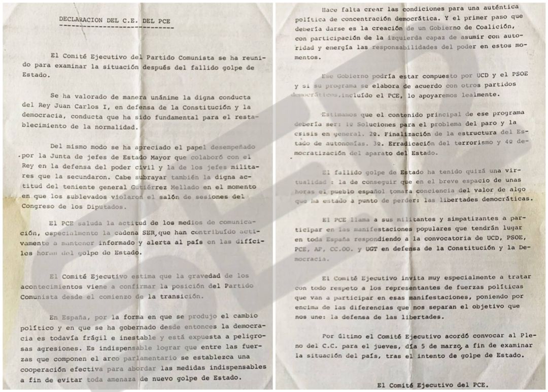 El rey, los medios y el respeto los oponentes políticos: lo que el Partido Comunista dijo tras el 23-F El rey, los medios y el respeto los oponentes políticos: lo que el Partido Comunista dijo tras el 23-F