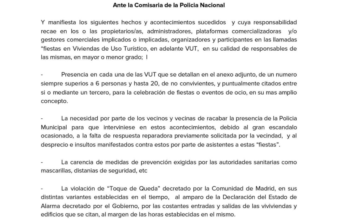 Fragmento de la denuncia presentada por las asociaciones vecinales del centro de Madrid contra las Viviendas de Uso Turístico (VUT) Fragmento de la denuncia presentada por las asociaciones vecinales del centro de Madrid contra las Viviendas de Uso Turístico (VUT)