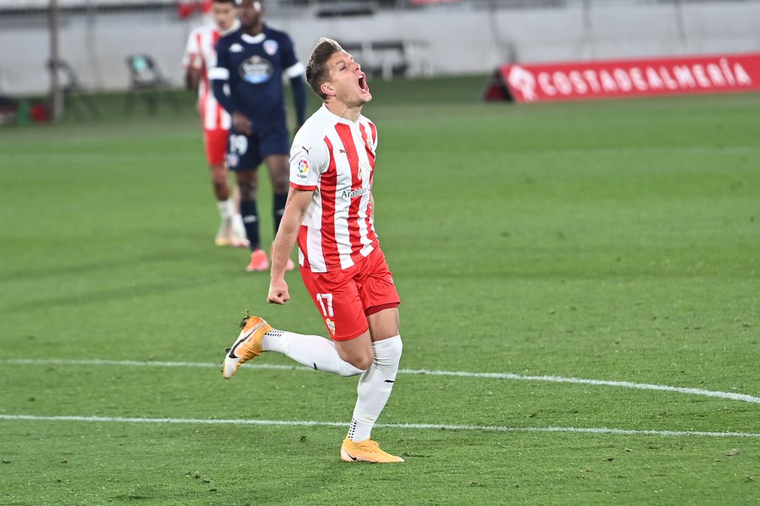 José Corpas celebrando su primer gol de la tarde ante el Lugo. José Corpas celebrando su primer gol de la tarde ante el Lugo.