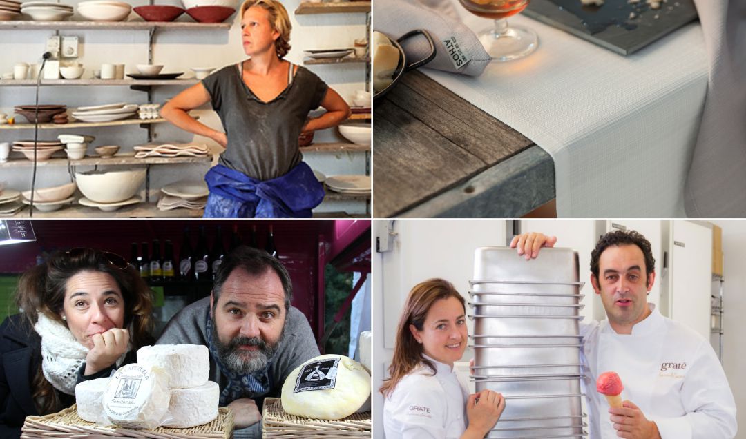 La artesana de vajillas Maïa Radresa, los heladeros Fernando Sáenz y Angelines González (Dellasera), los queseros Juan Luis Royuela y Yolanda Campos (La Cabezuela) y un ejemplo de las mantelerías de Athos Fabric. La artesana de vajillas Maïa Radresa, los heladeros Fernando Sáenz y Angelines González (Dellasera), los queseros Juan Luis Royuela y Yolanda Campos (La Cabezuela) y un ejemplo de las mantelerías de Athos Fabric.