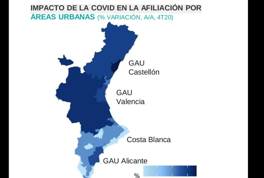 Mapa que muestra el impacto de la COVID por afiliación Mapa que muestra el impacto de la COVID por afiliación