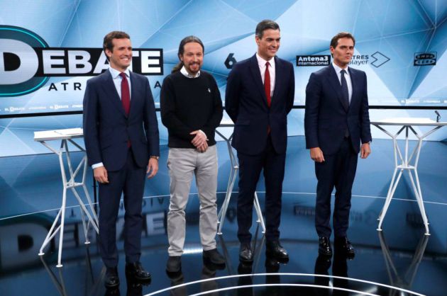 Pablo Casado, Pablo Iglesias, Pedro Sánchez y Albert Rivera antes del debate en Atresmedia Pablo Casado, Pablo Iglesias, Pedro Sánchez y Albert Rivera antes del debate en Atresmedia
